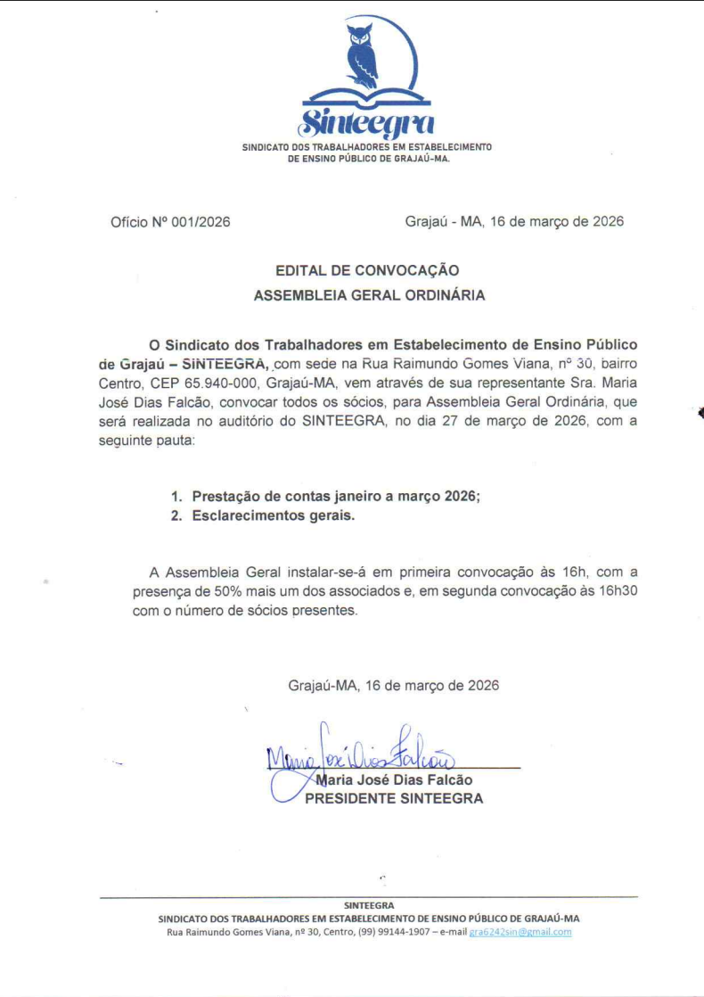 SINTEEGRA CONVOCA ASSEMBLEIA GERAL ORDINÁRIA EM GRAJAÚ