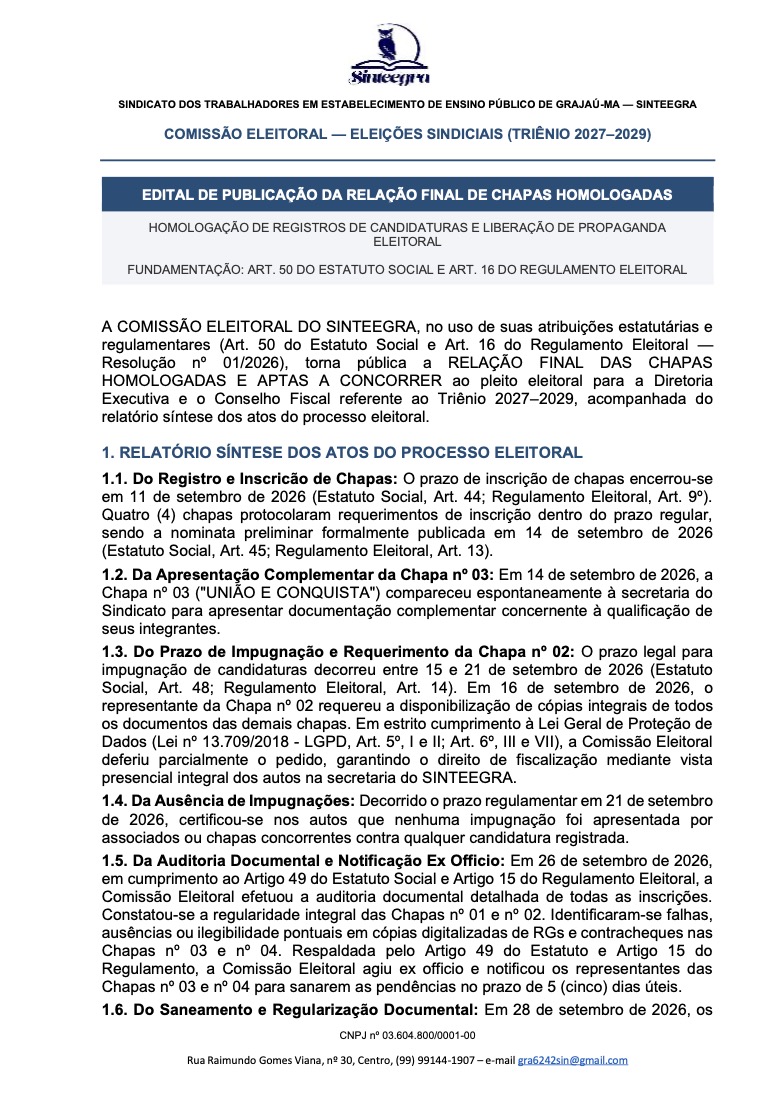 Primeira página do Edital da Relação Final de Chapas Homologadas do SINTEEGRA